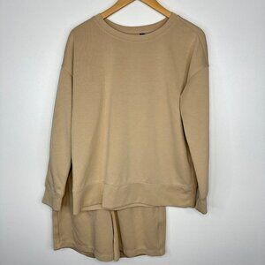 Mondetta  Two Piece Matching Sweater Shorts Set  Beige Tan  Medium Top